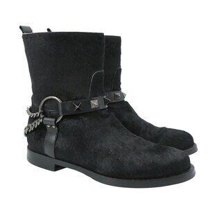 Le Silla Black Leather Studded Chains Pony Hair Biker Boots 38 US 8